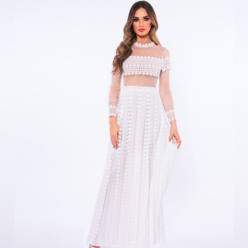 Sheer Crochet Maxi Dress in Ivory
